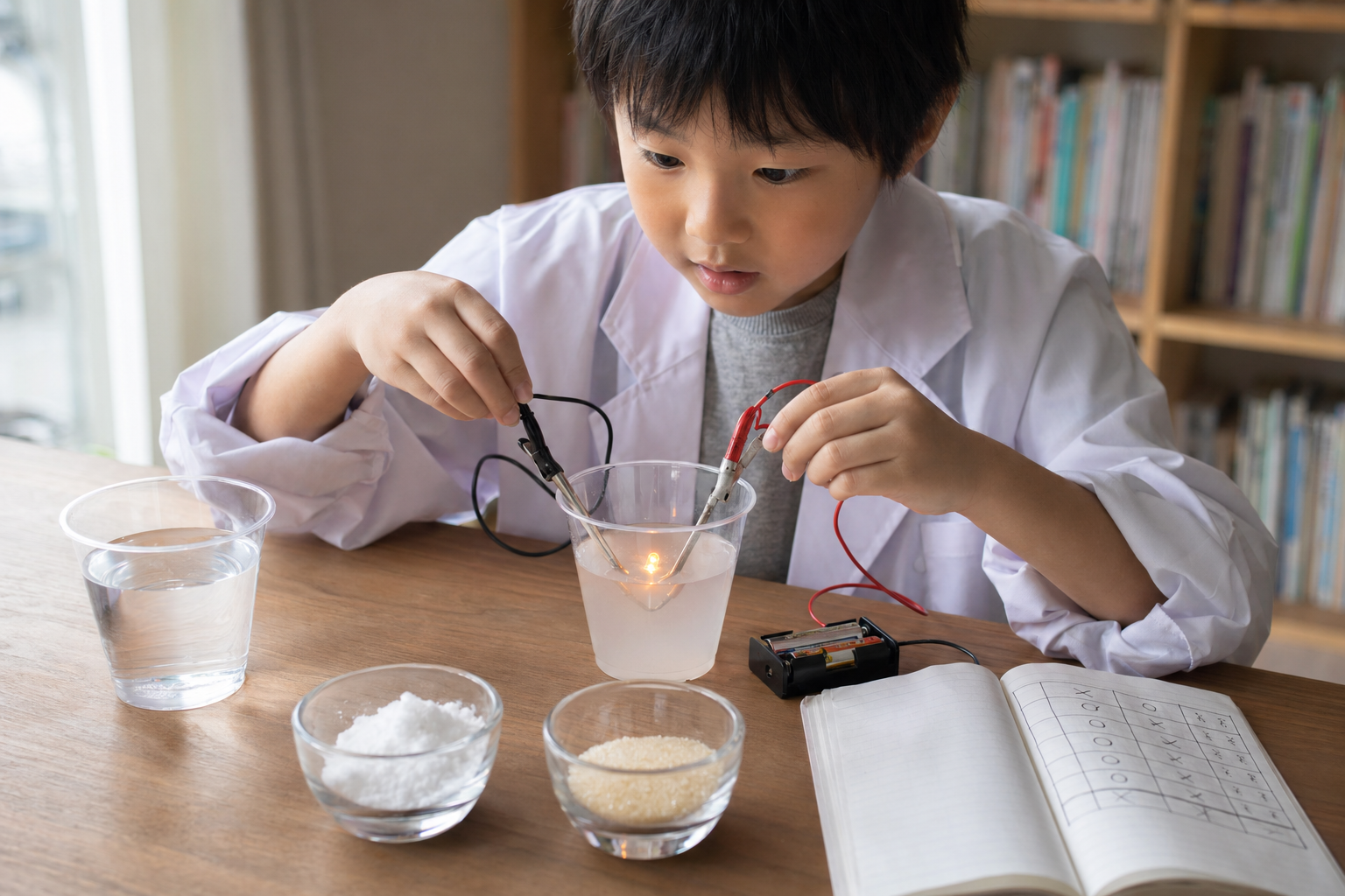 塩水にワニ口クリップを入れて電気の通りを確かめる白衣姿の男の子