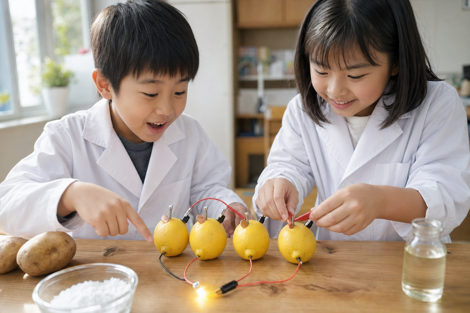 レモンを使ったキッチン電池でLEDを点ける白衣姿の子どもたち