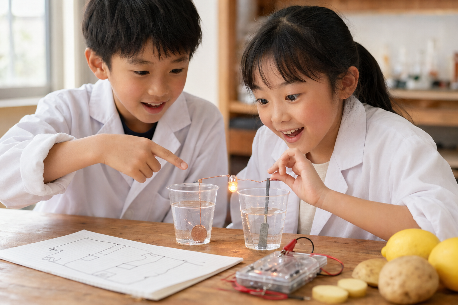 三軒茶屋校で塩水電池を作って驚くえすこーとラボの子どもたち