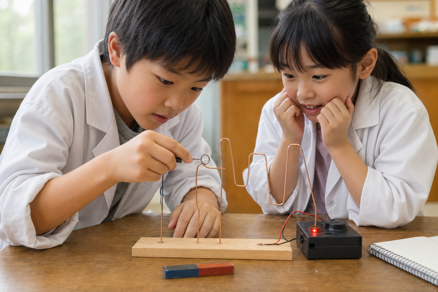 磁石を使ったイライラ棒ゲームに挑戦する白衣姿の子どもたち