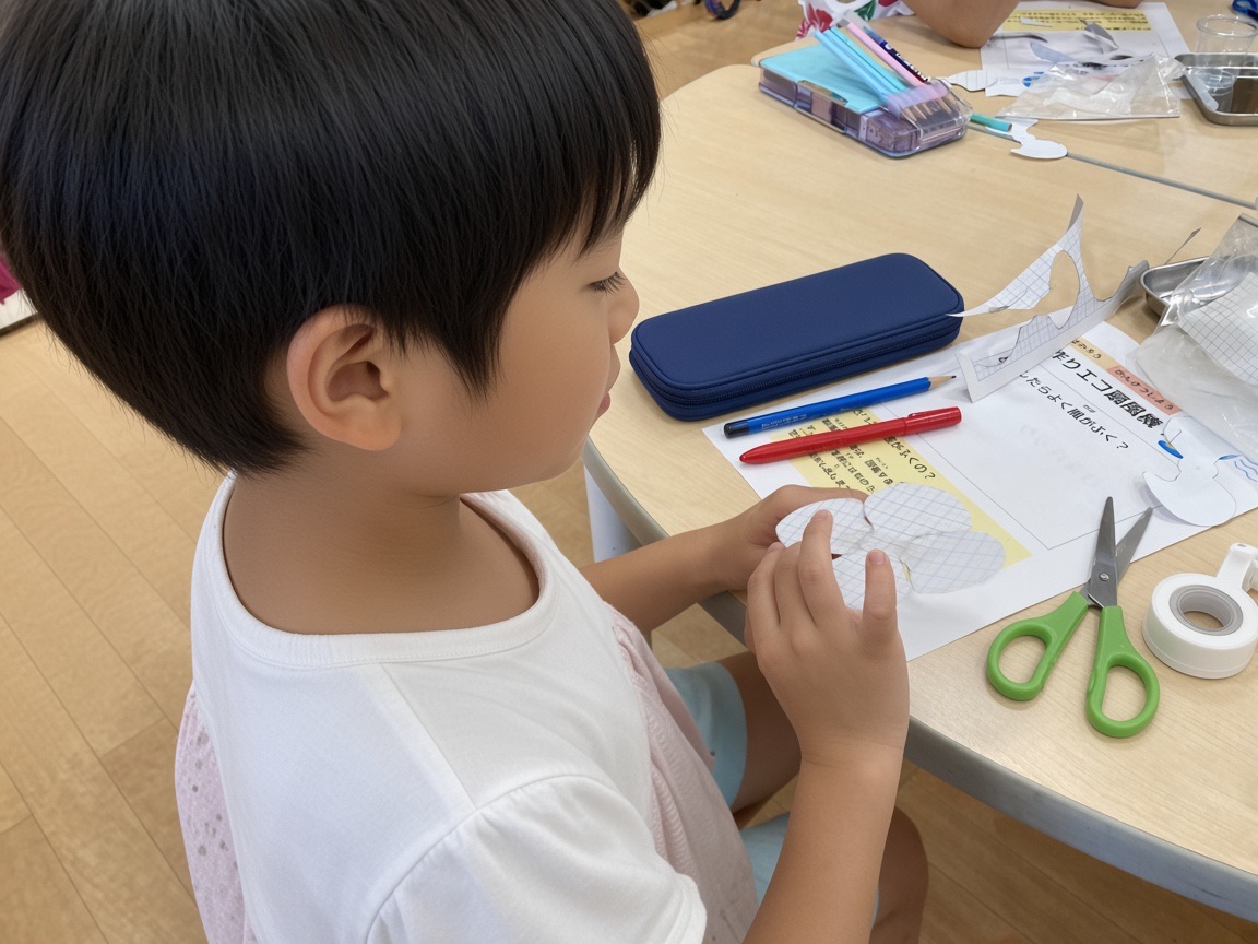 工作用紙の羽を手に取る男の子。机にはハサミと型紙